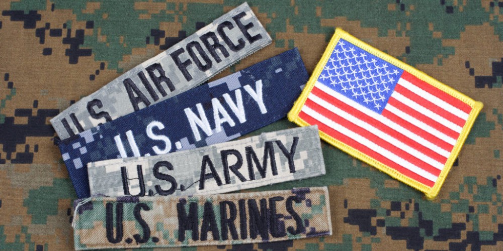 The U.S. flag displayed alongside the symbols of the Air Force, Navy, Army, and Marines against a camouflage background