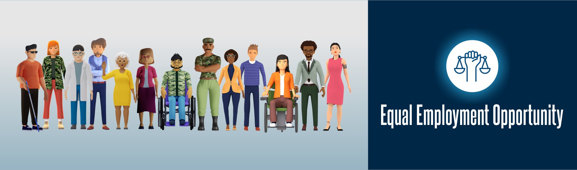 A group of people with diverse abilities stand together to show equal employment opportunity